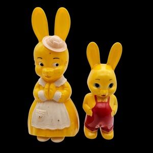 Vintage 1950s Knickerbocker Easter Bunny Rabbit Rattles Mama and Boy Yellow